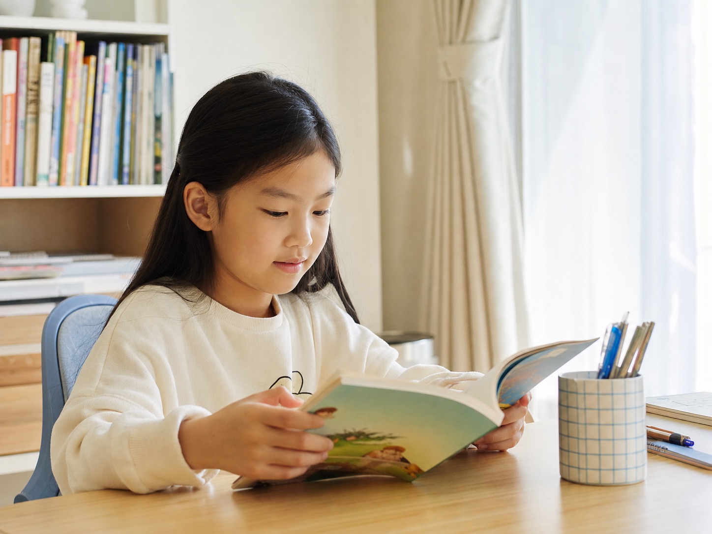 A Korean Elementary School Student Reading an English Book at Home
