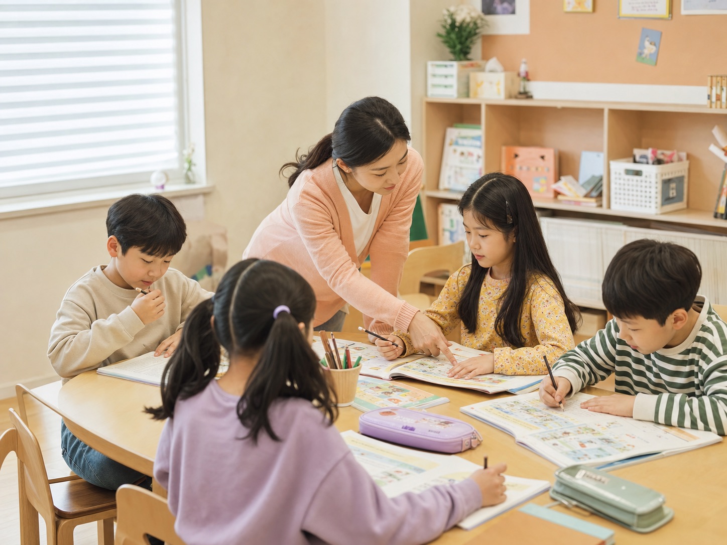 Elementary School Students Studying English with a Teacher