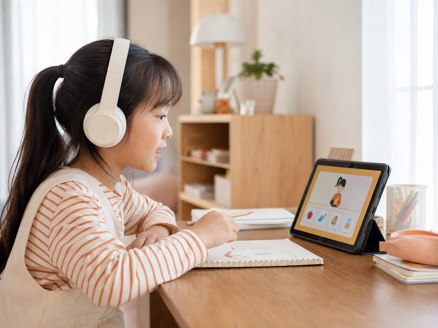 An Elementary School Student Learning English on a Tablet
