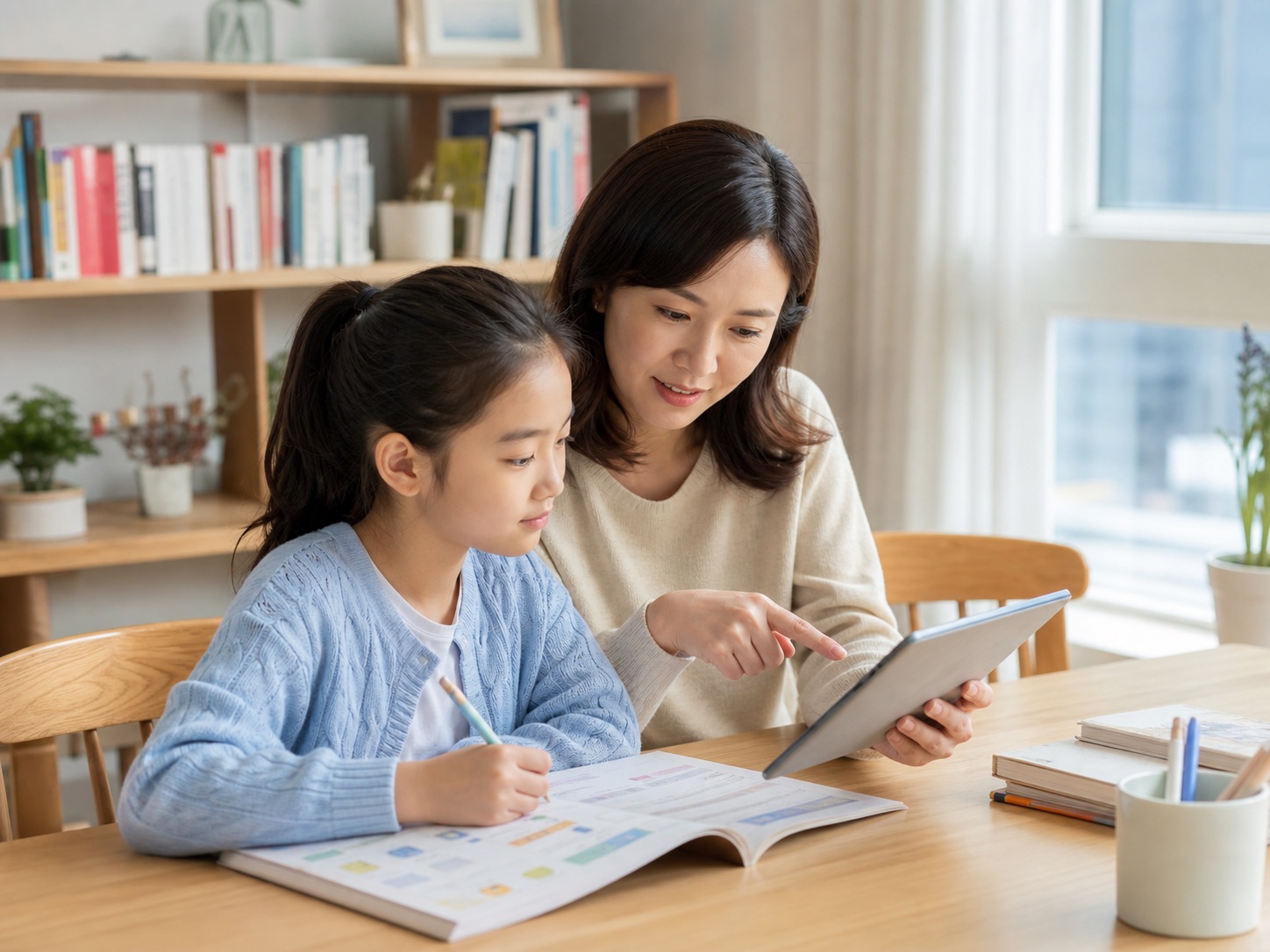 A Korean Parent and Elementary School Student Looking at a Tablet and Learning Materials Together at Home